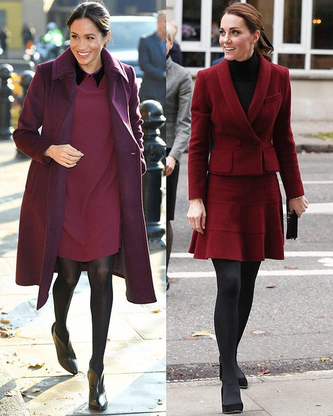 И Кейт, и Меган отдали предпочтение модному в этом сезоне цвету бургунди. Супруга принца Уильяма (36) была в двубортном блейзере, юбке и черном джемпере, когда посещала Университетский ко...