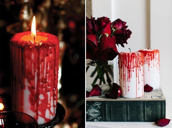 Обычные белые свечи могут стать отличным декором для праздника. Чтобы создать нужный эффект, тебе достаточно взять красную свечу, растопить ее и накапать воском сверху на белую. 