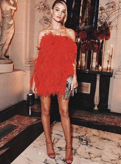 На одну из вечеринок Рози Хантингтон-Уайтли предпочла пойти в красном мини-платье Attico с отделкой из мелких перьев. Много аксессуаров к такому платью не понадобилось: модель ограничилас...