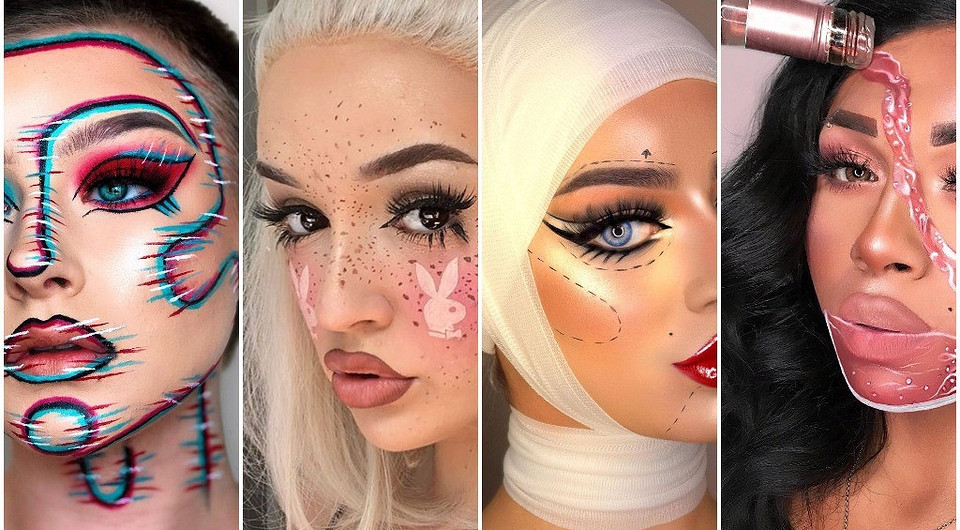 Идеи макияжа на Хэллоуин 2020: бокал игристого, Джокер, жертва пластики