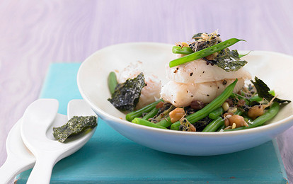 Палтус жареный со стручковой фасолью