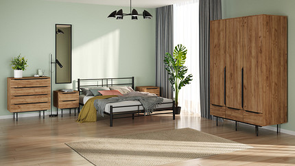 Лаконичная металлическая кровать Askona Chris сочетается с мебелью в природных оттенках